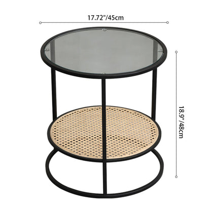 Modern Minimalist Round Glass-Top Side Table: Natural Indonesian Rattan & Handwoven - 2-Tier End Table For Living Room