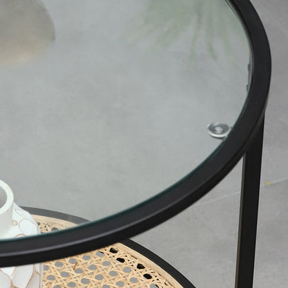 Modern Minimalist Round Glass-Top Side Table: Natural Indonesian Rattan & Handwoven - 2-Tier End Table For Living Room