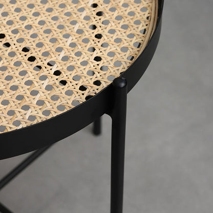 Modern Minimalist Round Glass-Top Side Table: Natural Indonesian Rattan & Handwoven - 2-Tier End Table For Living Room