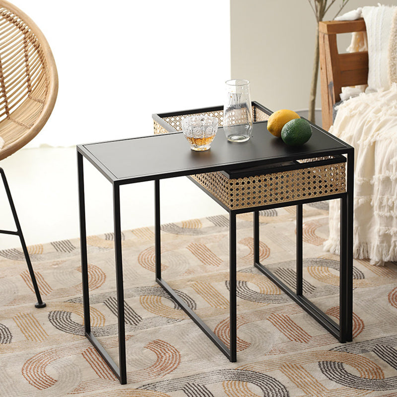 Modern Minimalist Rectangular Iron Desk: Natural Indonesian Rattan & Handwoven - 1 Storage Cabinet Side Table For Living Room