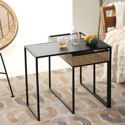 Modern Minimalist Rectangular Iron Desk: Natural Indonesian Rattan & Handwoven - 1 Storage Cabinet Side Table For Living Room