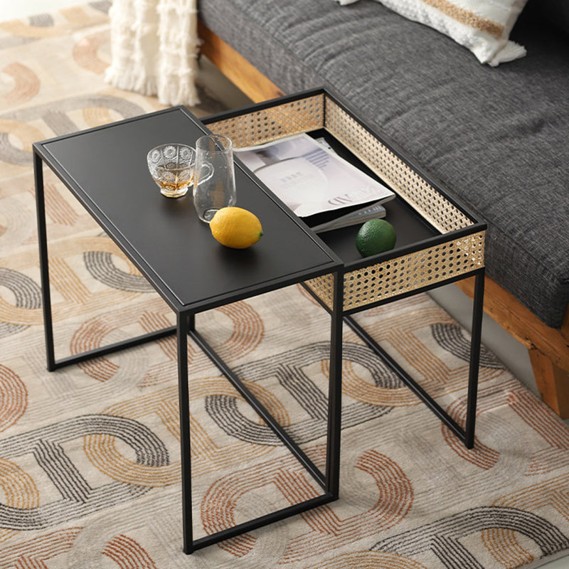 Modern Minimalist Rectangular Iron Desk: Natural Indonesian Rattan & Handwoven - 1 Storage Cabinet Side Table For Living Room