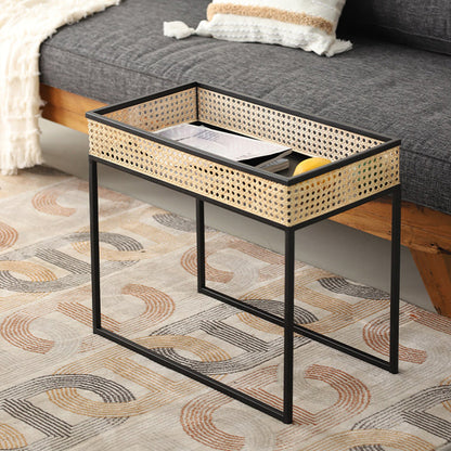 Modern Minimalist Rectangular Iron Desk: Natural Indonesian Rattan & Handwoven - 1 Storage Cabinet Side Table For Living Room