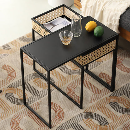 Modern Minimalist Rectangular Iron Desk: Natural Indonesian Rattan & Handwoven - 1 Storage Cabinet Side Table For Living Room
