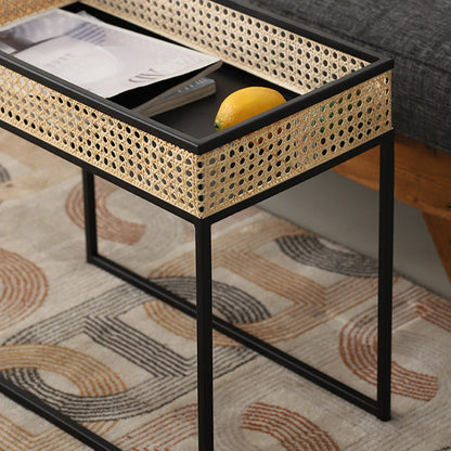 Modern Minimalist Rectangular Iron Desk: Natural Indonesian Rattan & Handwoven - 1 Storage Cabinet Side Table For Living Room