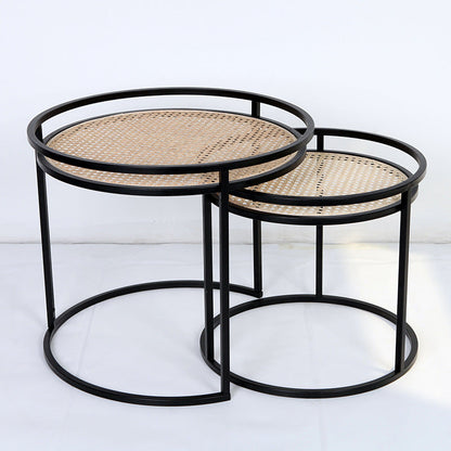 Modern Minimalist Round Iron Side Table: Natural Indonesian Rattan & Handwoven - Dual-Table Set End Table For Living Room