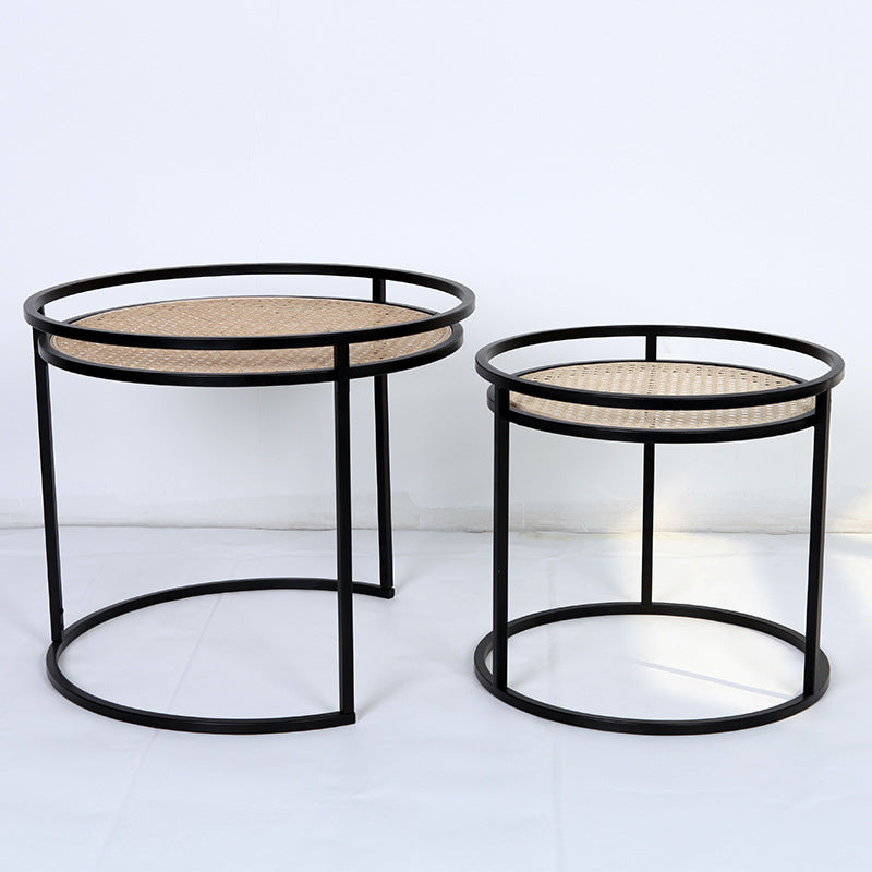 Modern Minimalist Round Iron Side Table: Natural Indonesian Rattan & Handwoven - Dual-Table Set End Table For Living Room
