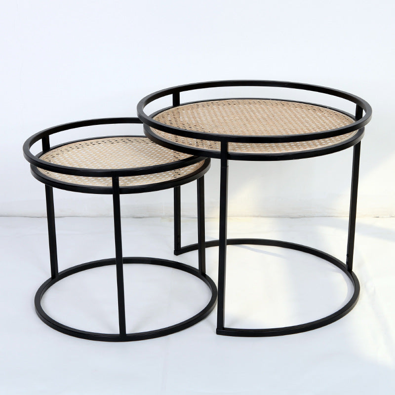 Modern Minimalist Round Iron Side Table: Natural Indonesian Rattan & Handwoven - Dual-Table Set End Table For Living Room