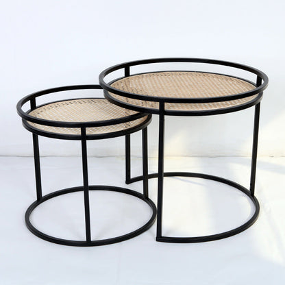 Modern Minimalist Round Iron Side Table: Natural Indonesian Rattan & Handwoven - Dual-Table Set End Table For Living Room