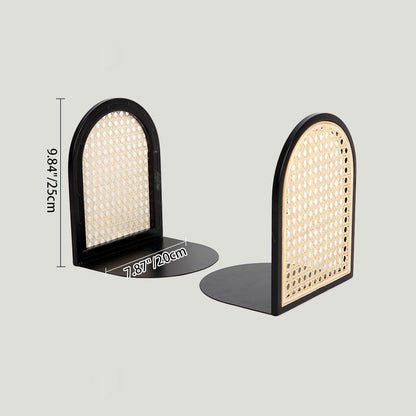 Traditional Vintage Half-Round Iron Bookshelf: Natural Indonesian Rattan & Handwoven - Desk Storage Shelf For Study & Bedroom