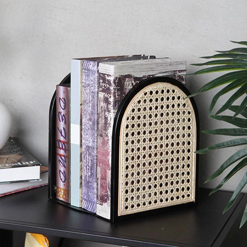Traditional Vintage Half-Round Iron Bookshelf: Natural Indonesian Rattan & Handwoven - Desk Storage Shelf For Study & Bedroom
