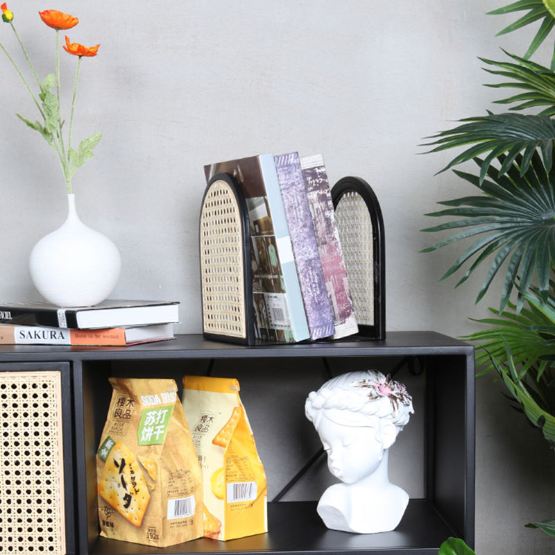 Traditional Vintage Half-Round Iron Bookshelf: Natural Indonesian Rattan & Handwoven - Desk Storage Shelf For Study & Bedroom