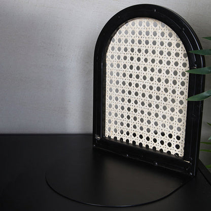 Traditional Vintage Half-Round Iron Bookshelf: Natural Indonesian Rattan & Handwoven - Desk Storage Shelf For Study & Bedroom