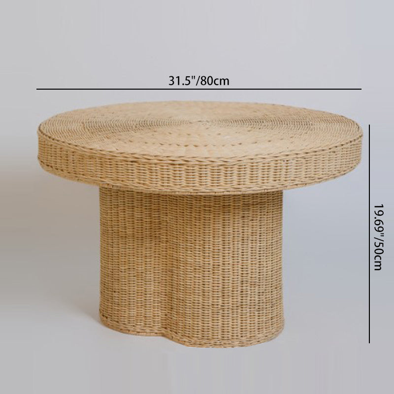 Contemporary Scandinavian Round Coffee Table: Natural Indonesian Rattan & Handwoven - Wood Color Tea Table For Living Room