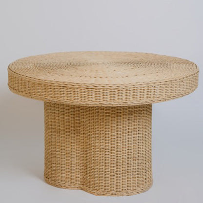 Contemporary Scandinavian Round Coffee Table: Natural Indonesian Rattan & Handwoven - Wood Color Tea Table For Living Room