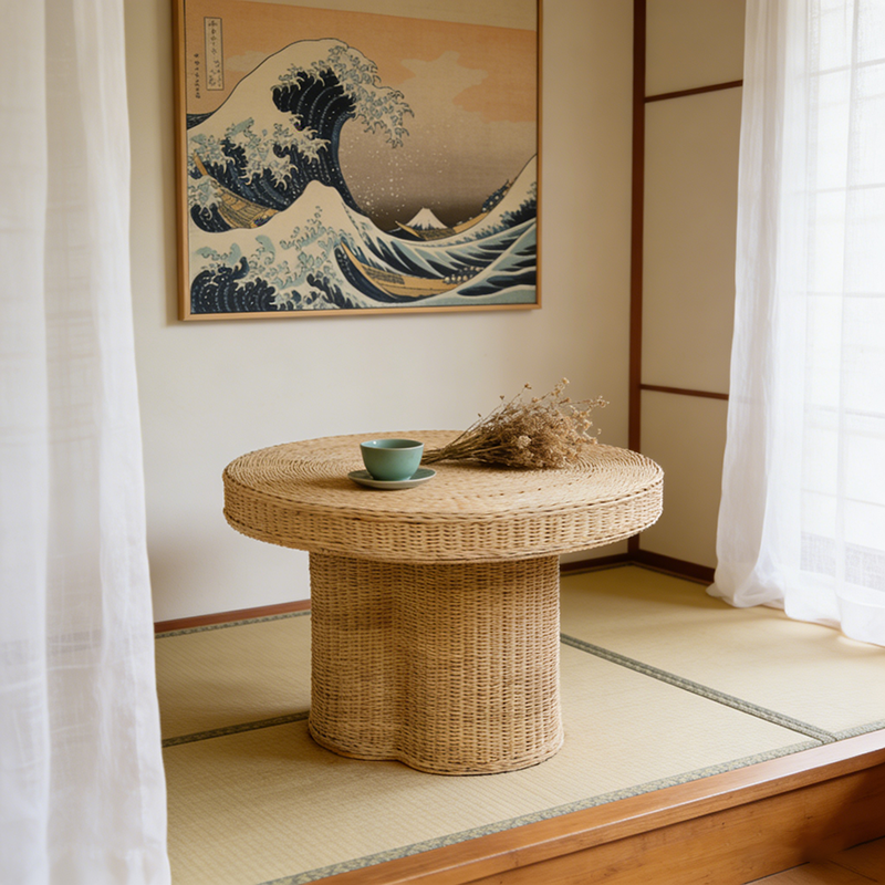 Contemporary Scandinavian Round Coffee Table: Natural Indonesian Rattan & Handwoven - Wood Color Tea Table For Living Room