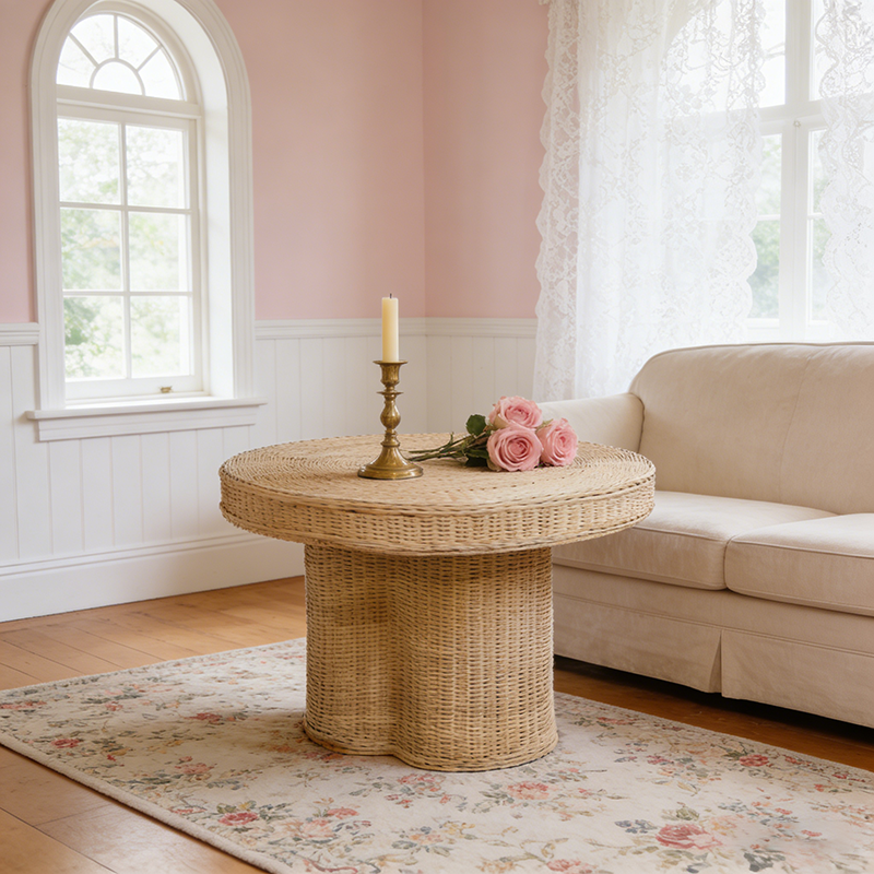 Contemporary Scandinavian Round Coffee Table: Natural Indonesian Rattan & Handwoven - Wood Color Tea Table For Living Room