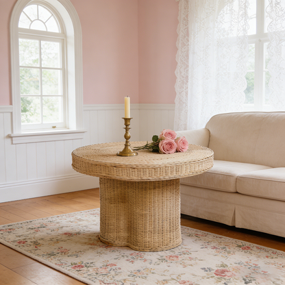 Contemporary Scandinavian Round Coffee Table: Natural Indonesian Rattan & Handwoven - Wood Color Tea Table For Living Room