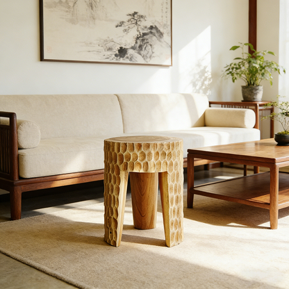Modern Art Deco Round Side Table: Honeycomb Carving - Solid Wood End Table For Living Room