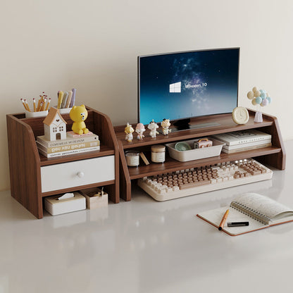 Contemporary Scandinavian Rectangular Medium-Density Fiberboard Desktop Storage Shelf 2/3-Tier 1-Drawer For Office & Bedroom