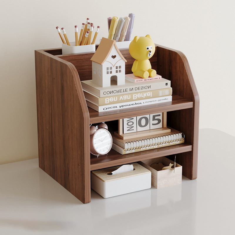 Contemporary Scandinavian Rectangular Medium-Density Fiberboard Desktop Storage Shelf 2/3-Tier 1-Drawer For Office & Bedroom