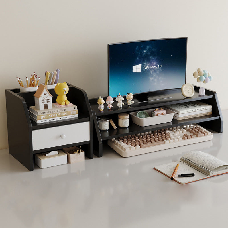 Contemporary Scandinavian Rectangular Medium-Density Fiberboard Desktop Storage Shelf 2/3-Tier 1-Drawer For Office & Bedroom