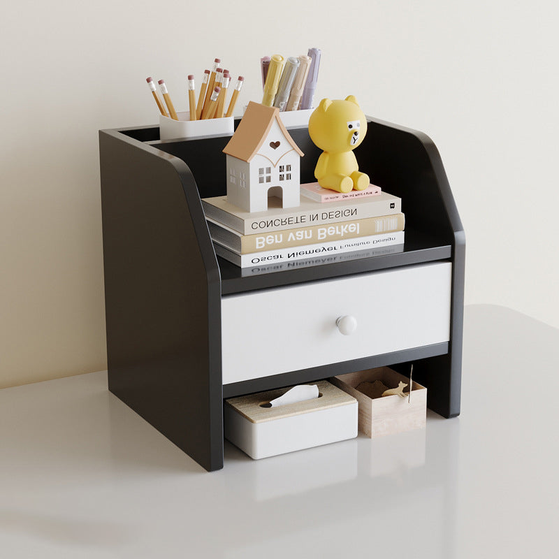 Contemporary Scandinavian Rectangular Medium-Density Fiberboard Desktop Storage Shelf 2/3-Tier 1-Drawer For Office & Bedroom