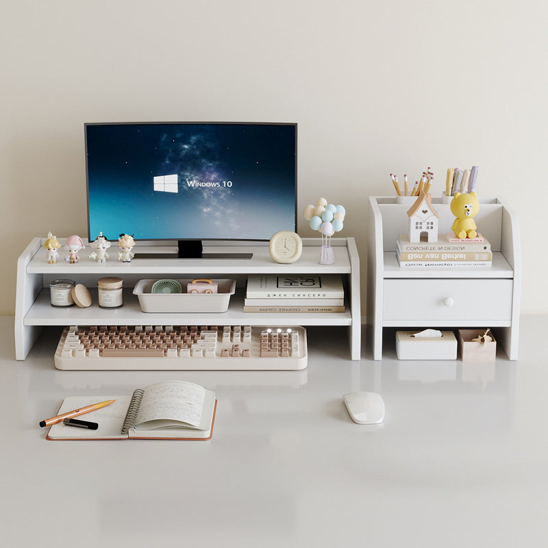 Contemporary Scandinavian Rectangular Medium-Density Fiberboard Desktop Storage Shelf 2/3-Tier 1-Drawer For Office & Bedroom