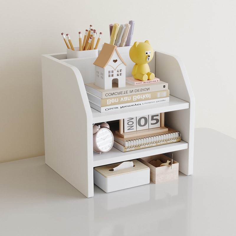 Contemporary Scandinavian Rectangular Medium-Density Fiberboard Desktop Storage Shelf 2/3-Tier 1-Drawer For Office & Bedroom