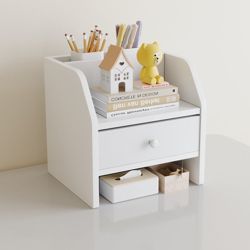 Contemporary Scandinavian Rectangular Medium-Density Fiberboard Desktop Storage Shelf 2/3-Tier 1-Drawer For Office & Bedroom