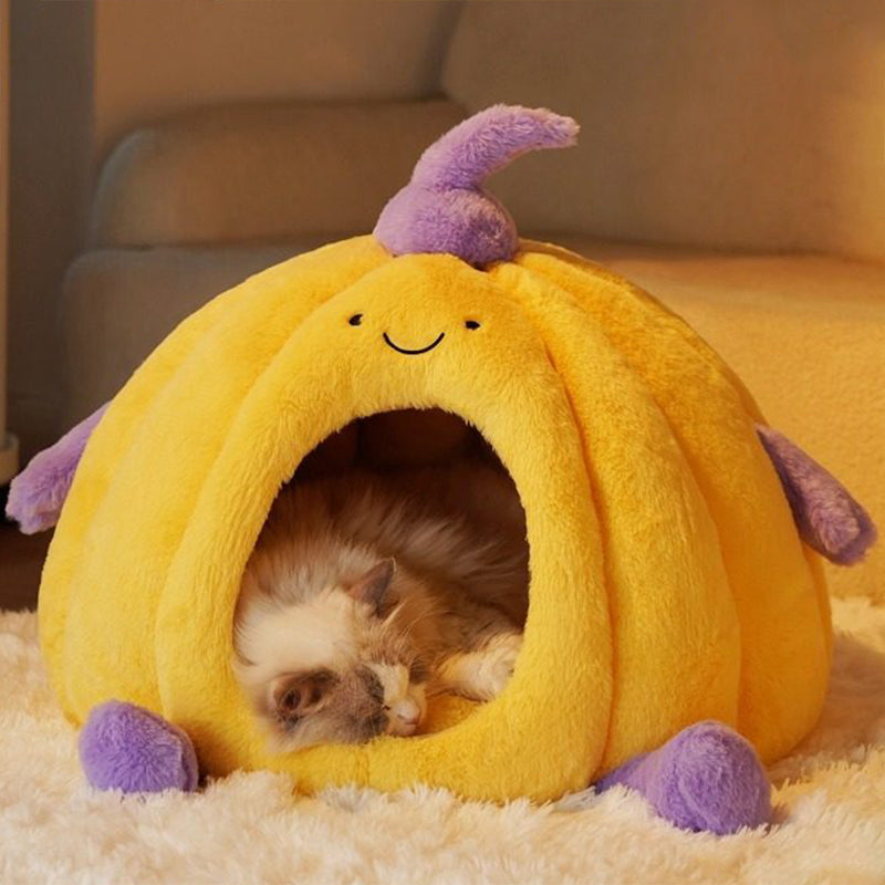 Contemporary Creative Round Velvet Fabric PP Cotton Semi-Enclosed Cat Bed For Bedroom