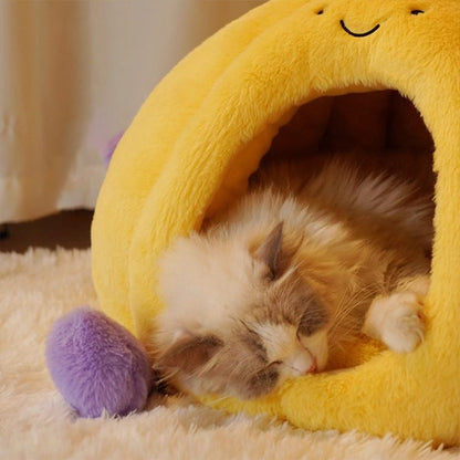Contemporary Creative Round Velvet Fabric PP Cotton Semi-Enclosed Cat Bed For Bedroom