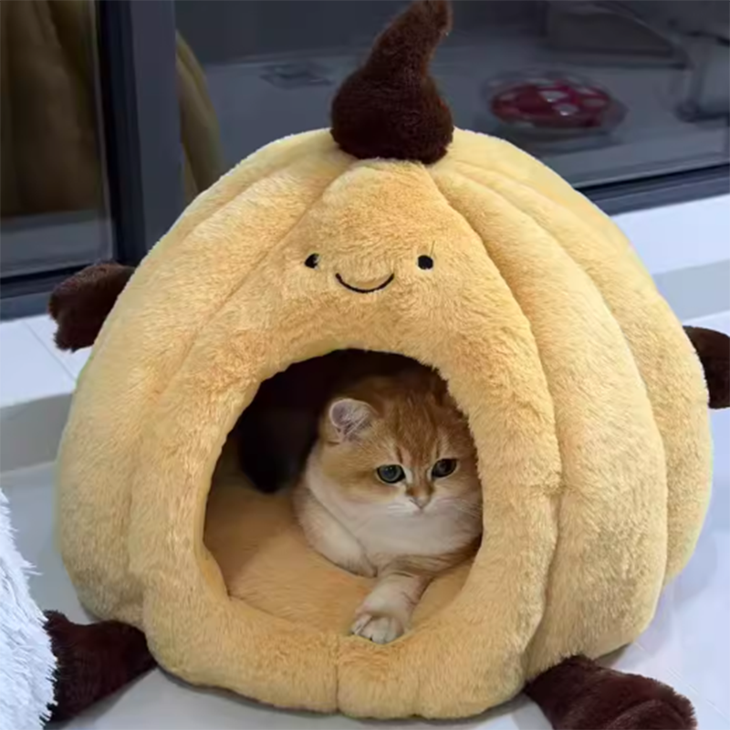 Contemporary Creative Round Velvet Fabric PP Cotton Semi-Enclosed Cat Bed For Bedroom
