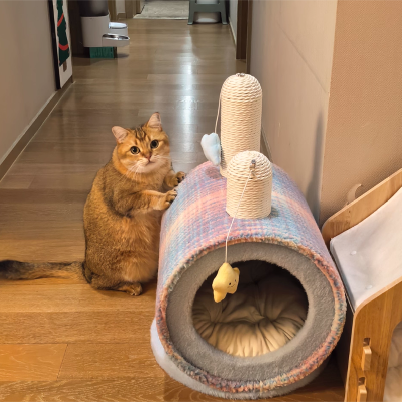 Contemporary Creative Round Particleboard Velvet Fabric Paper Rope Paper Tube Cat Bed For Bedroom