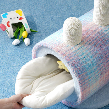 Contemporary Creative Round Particleboard Velvet Fabric Paper Rope Paper Tube Cat Bed For Bedroom