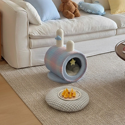Contemporary Creative Round Particleboard Velvet Fabric Paper Rope Paper Tube Cat Bed For Bedroom