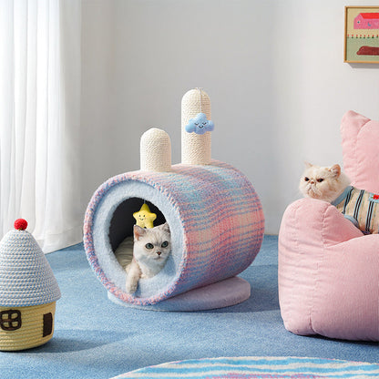 Contemporary Creative Round Particleboard Velvet Fabric Paper Rope Paper Tube Cat Bed For Bedroom