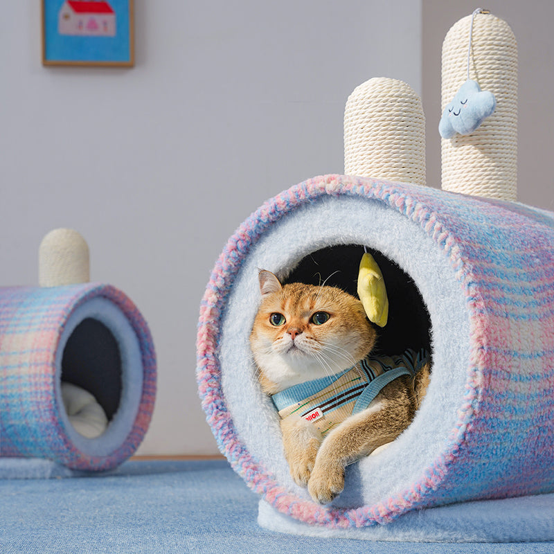 Contemporary Creative Round Particleboard Velvet Fabric Paper Rope Paper Tube Cat Bed For Bedroom