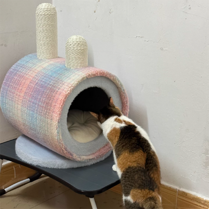 Contemporary Creative Round Particleboard Velvet Fabric Paper Rope Paper Tube Cat Bed For Bedroom