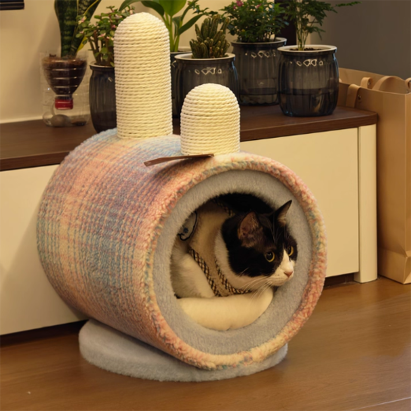 Contemporary Creative Round Particleboard Velvet Fabric Paper Rope Paper Tube Cat Bed For Bedroom