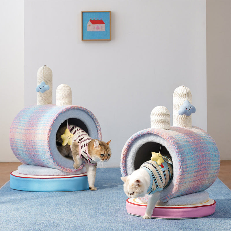 Contemporary Creative Round Particleboard Velvet Fabric Paper Rope Paper Tube Cat Bed For Bedroom