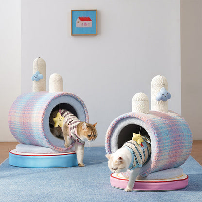 Contemporary Creative Round Particleboard Velvet Fabric Paper Rope Paper Tube Cat Bed For Bedroom