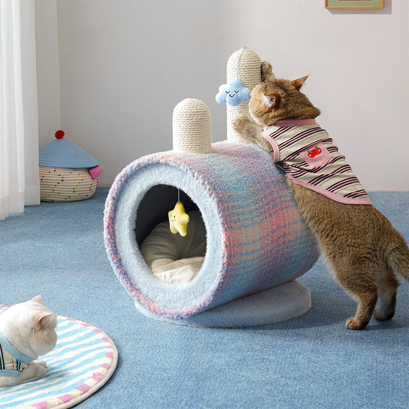 Contemporary Creative Round Particleboard Velvet Fabric Paper Rope Paper Tube Cat Bed For Bedroom
