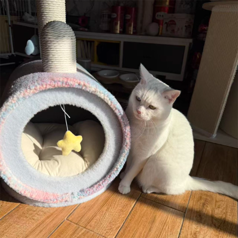 Contemporary Creative Round Particleboard Velvet Fabric Paper Rope Paper Tube Cat Bed For Bedroom