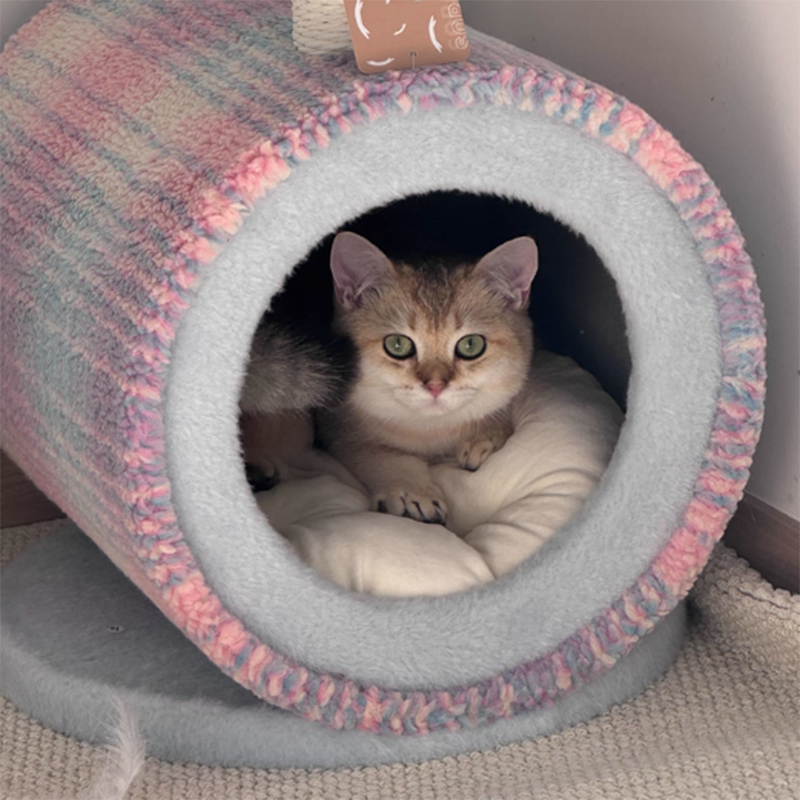 Contemporary Creative Round Particleboard Velvet Fabric Paper Rope Paper Tube Cat Bed For Bedroom
