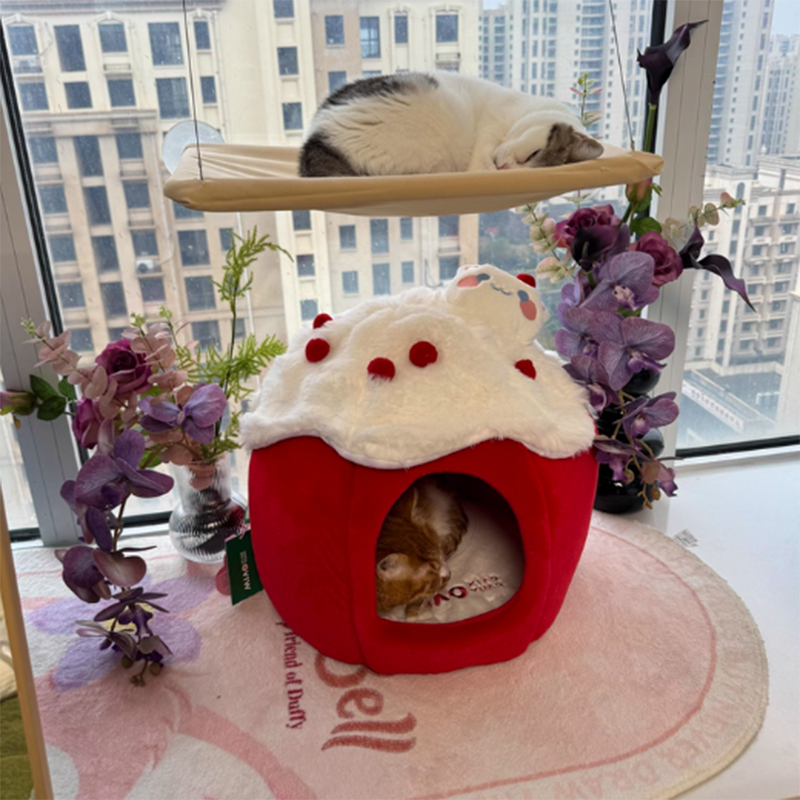 Contemporary Creative Round Velvet Fabric Sponge Semi-Enclosed Cat Bed For Bedroom