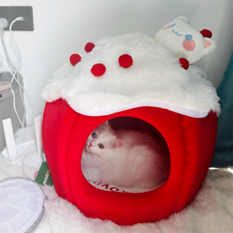Contemporary Creative Round Velvet Fabric Sponge Semi-Enclosed Cat Bed For Bedroom