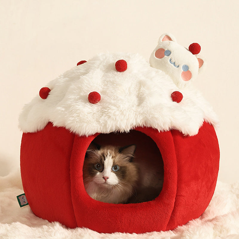 Contemporary Creative Round Velvet Fabric Sponge Semi-Enclosed Cat Bed For Bedroom