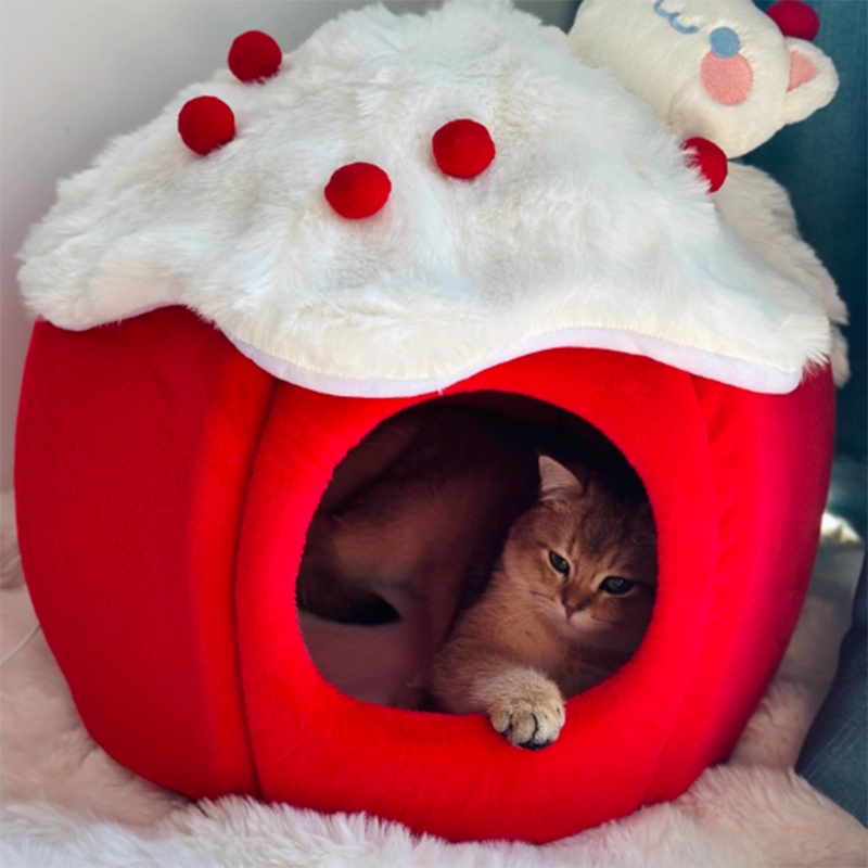 Contemporary Creative Round Velvet Fabric Sponge Semi-Enclosed Cat Bed For Bedroom