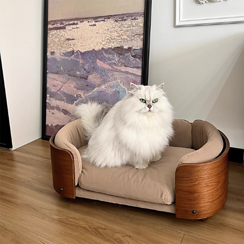 Traditional Vintage Oval Rubberwood Multi-Layer Solid Wood Panel Velvet Fabric Cat Bed For Bedroom